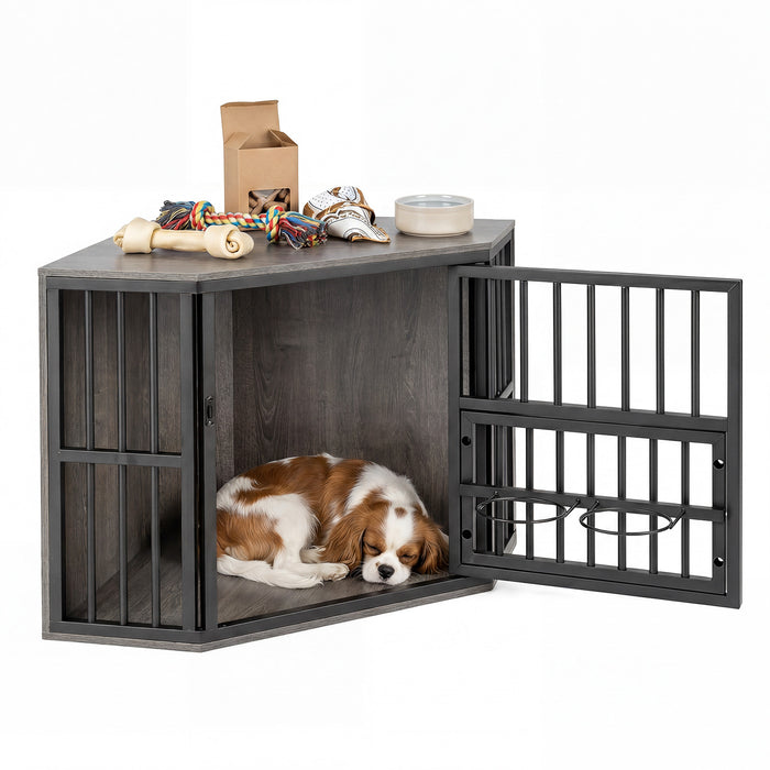 2-in-1 Dog Kennel and Decorative TV Stand with Dog Bowl Rack-