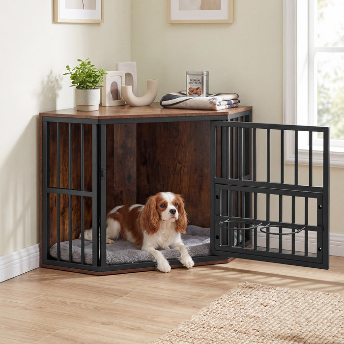 2-in-1 Dog Kennel and Decorative TV Stand with Dog Bowl Rack-