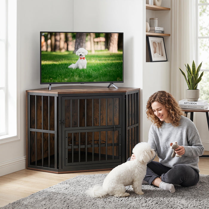 2-in-1 Dog Kennel and Decorative TV Stand with Dog Bowl Rack-