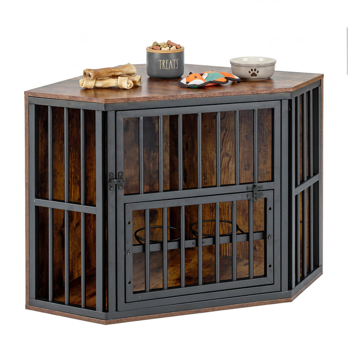 2-in-1 Dog Kennel and Decorative TV Stand with Dog Bowl Rack-