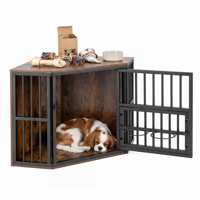 2-in-1 Dog Kennel and Decorative TV Stand with Dog Bowl Rack-