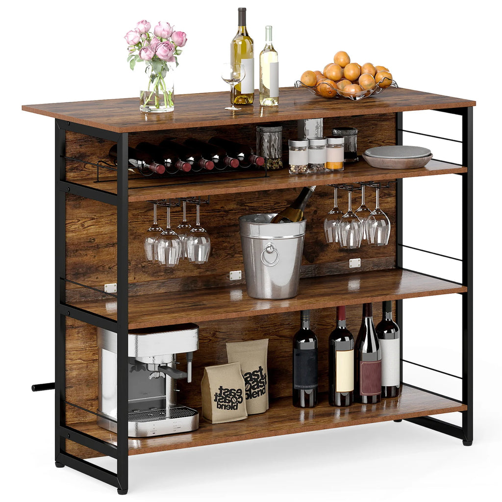 2-in-1 Home Bar Unit with 4 Shelves and Glass Holders and Wine Racks-