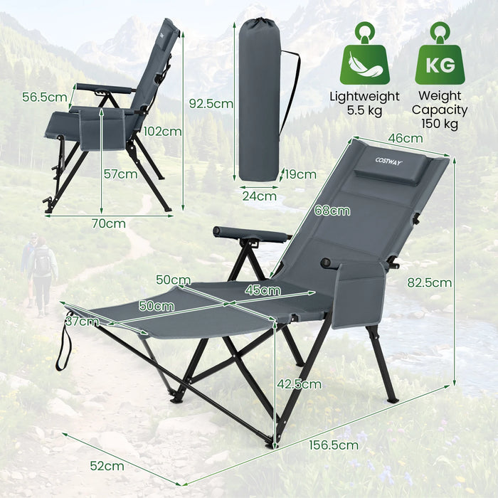 2-in-1 Reclining Camping Chair with Footrest Folding Portable Beach Lounge Chair-