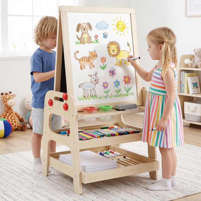 2-in-1 Wooden Easel for Kids with Magnetic Whiteboard and Marble Run Game-