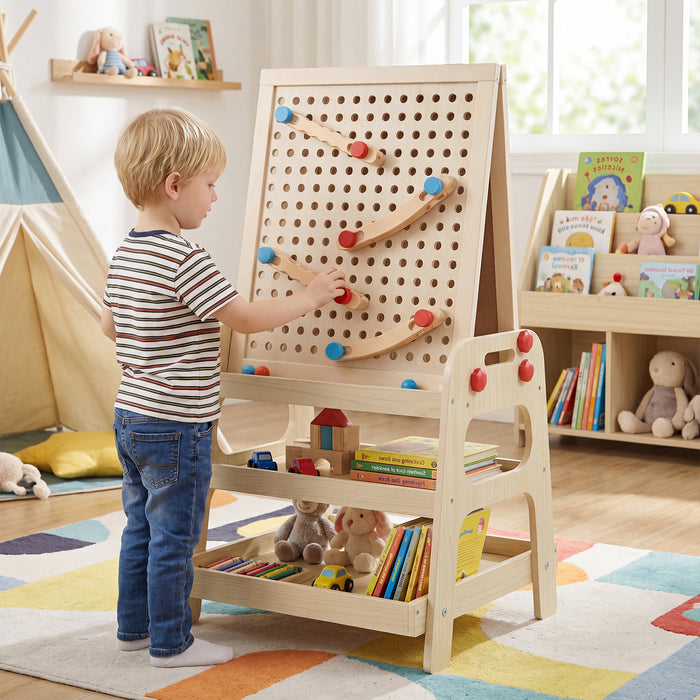 2-in-1 Wooden Easel for Kids with Magnetic Whiteboard and Marble Run Game-