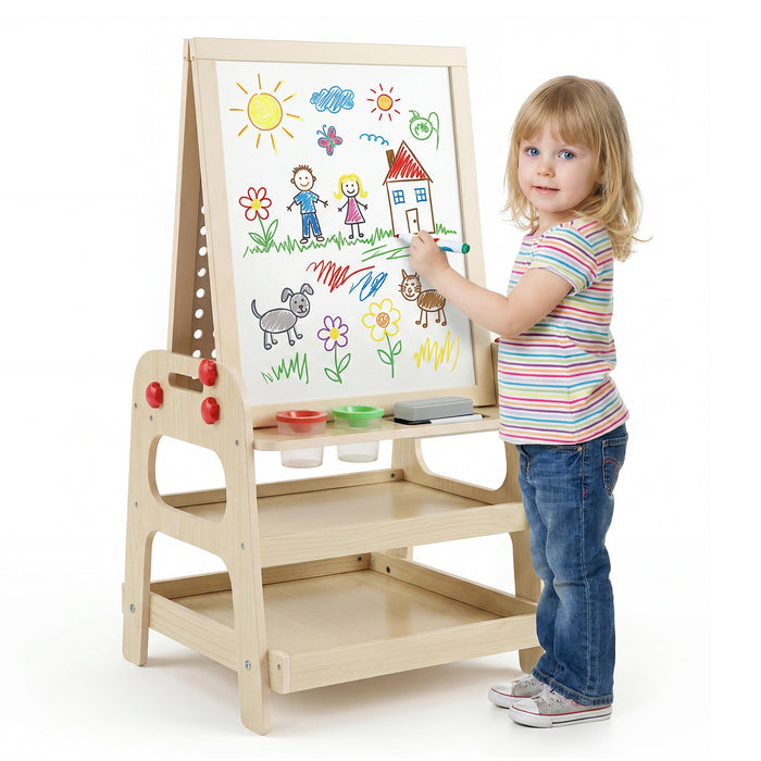 2-in-1 Wooden Easel for Kids with Magnetic Whiteboard and Marble Run Game-