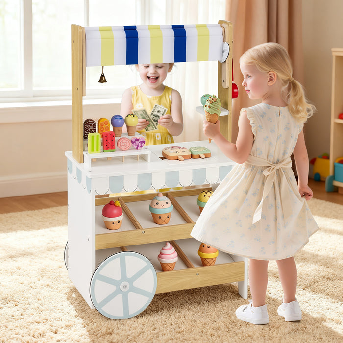 2-in-1 Wooden Ice Cream Cart with Display Shelves for Kids 3+ Years Old-