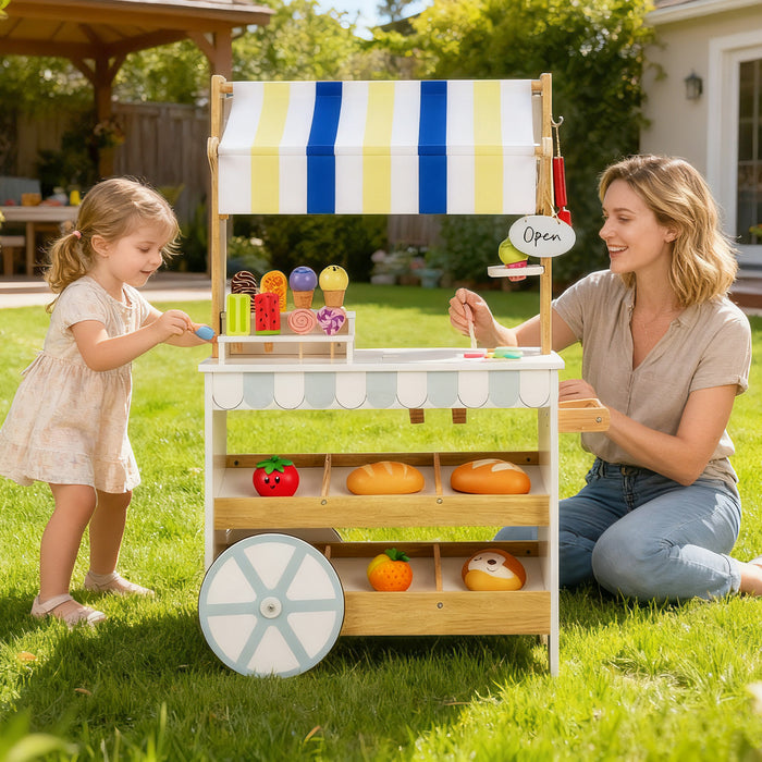 2-in-1 Wooden Ice Cream Cart with Display Shelves for Kids 3+ Years Old-