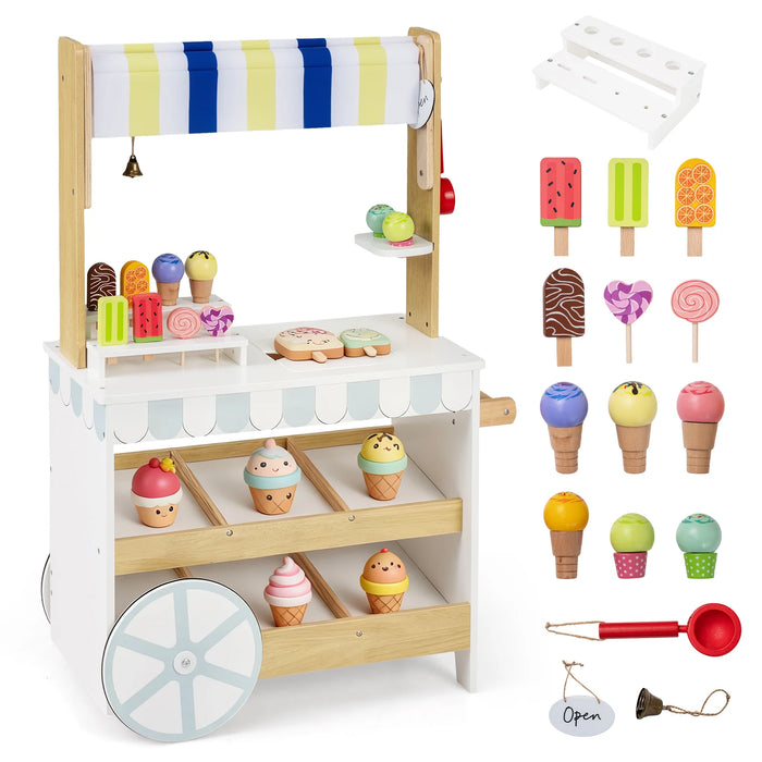 2-in-1 Wooden Ice Cream Cart with Display Shelves for Kids 3+ Years Old-