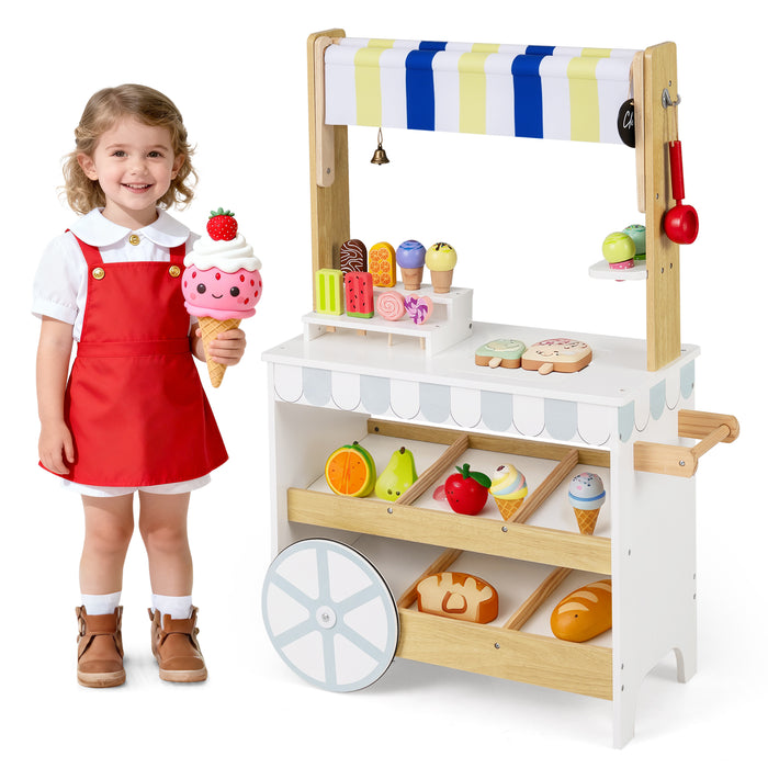 2-in-1 Wooden Ice Cream Cart with Display Shelves for Kids 3+ Years Old-
