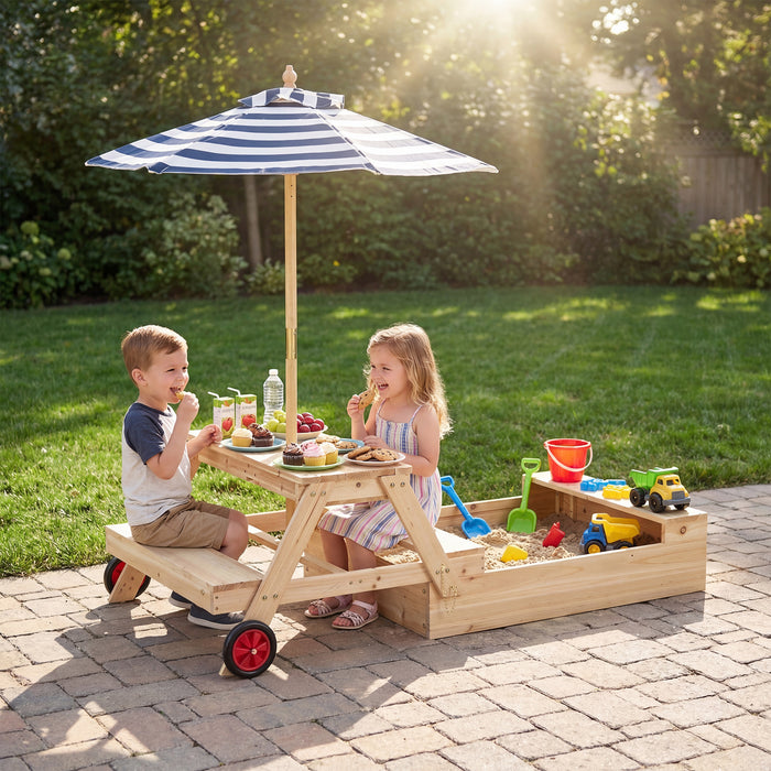2-in-1 Wooden Sandbox with Foldable Umbrella and Convertible Picnic Table-