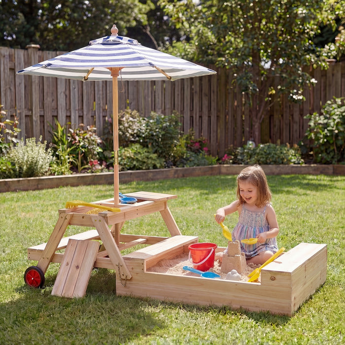 2-in-1 Wooden Sandbox with Foldable Umbrella and Convertible Picnic Table-