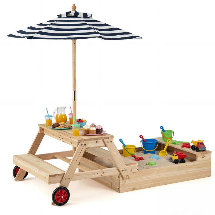 2-in-1 Wooden Sandbox with Foldable Umbrella and Convertible Picnic Table-