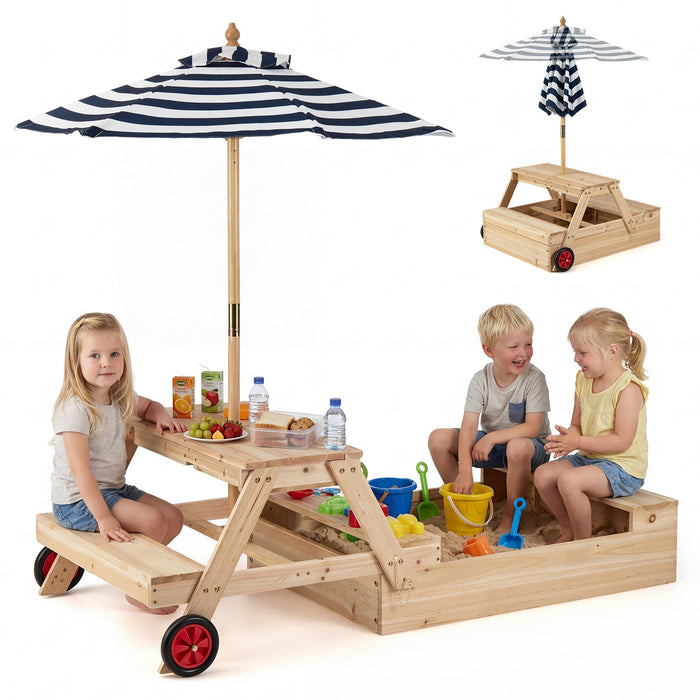 2-in-1 Wooden Sandbox with Foldable Umbrella and Convertible Picnic Table-