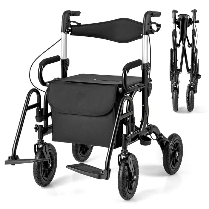 2-in-1 Foldable Rollator Walker with Seat and Pneumatic Tires for All Terrain-