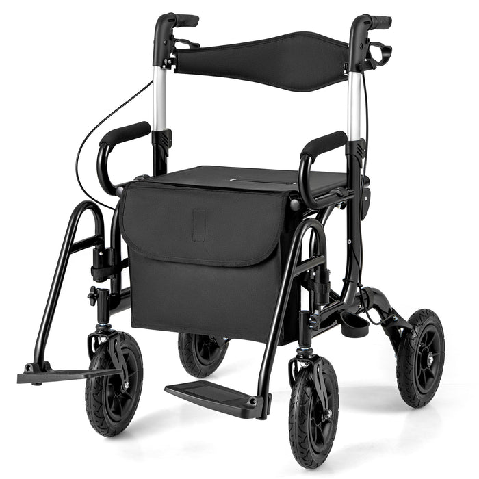 2-in-1 Foldable Rollator Walker with Seat and Pneumatic Tires for All Terrain-