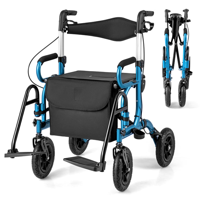 2-in-1 Foldable Rollator Walker with Seat and Pneumatic Tires for All Terrain-