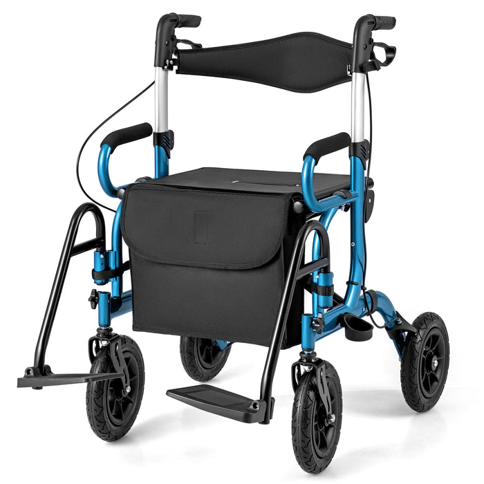 2-in-1 Foldable Rollator Walker with Seat and Pneumatic Tires for All Terrain-