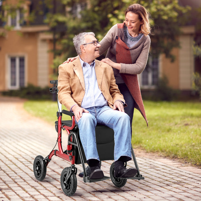 2-in-1 Foldable Rollator Walker with Seat and Pneumatic Tires for All Terrain-
