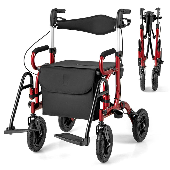2-in-1 Foldable Rollator Walker with Seat and Pneumatic Tires for All Terrain-