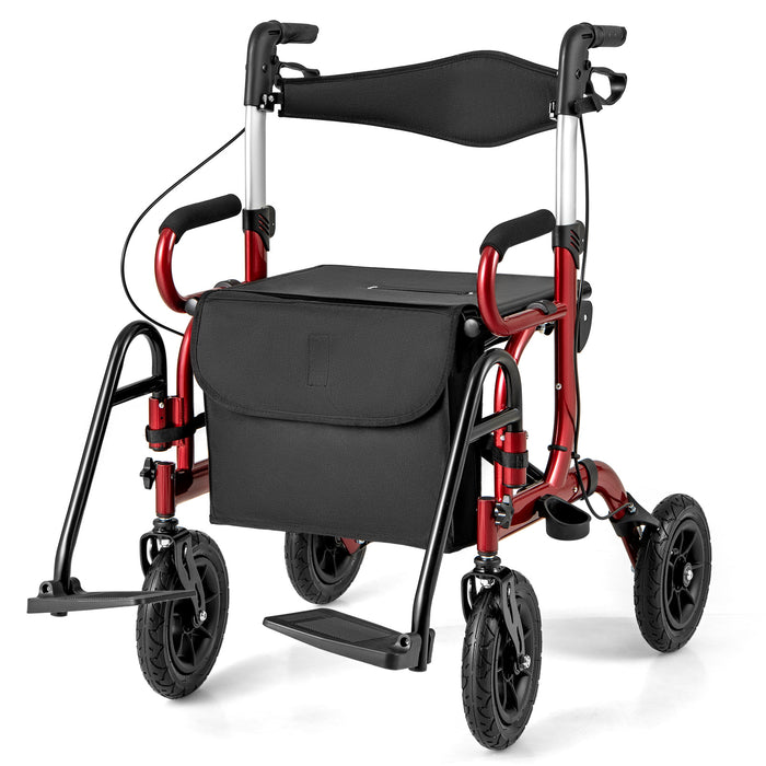 2-in-1 Foldable Rollator Walker with Seat and Pneumatic Tires for All Terrain-