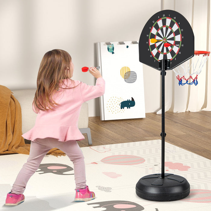 2-in-1 Kids Height Adjustable Basketball Hoop with Dart Board 6 Darts and Fillable Base