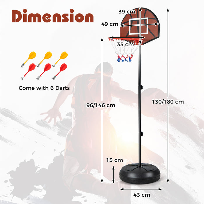 2-in-1 Kids Height Adjustable Basketball Hoop with Dart Board 6 Darts and Fillable Base