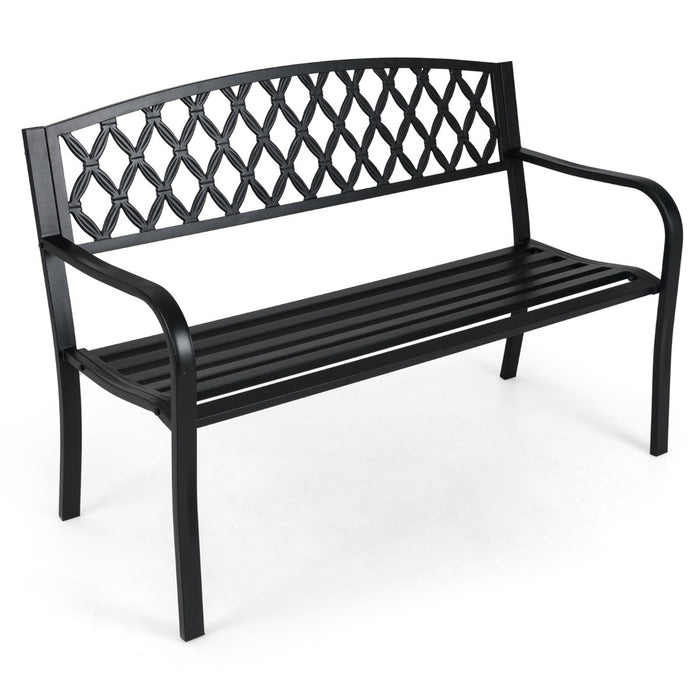 2-Seater Heavy-Duty Metal Garden Bench with Curved Seat and Armrests-