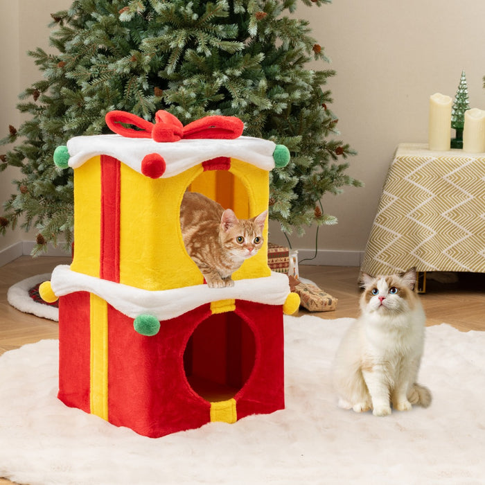 Indoor 2-Storey Cute Christmas Cat House with Bow-
