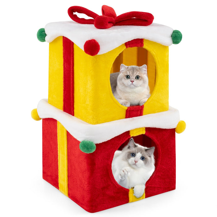 Indoor 2-Storey Cute Christmas Cat House with Bow-