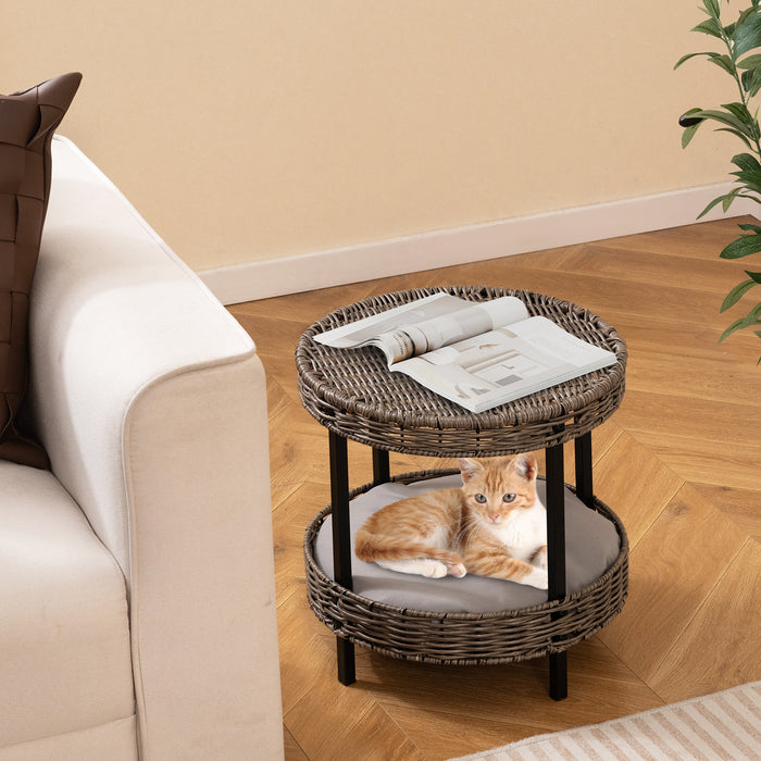 2-tier Rattan Cat Nest Wicker Kitten House Indoor and Outdoor Elevated Pet Shelter-