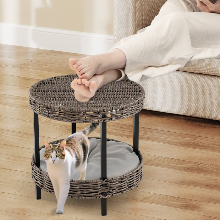 2-tier Rattan Cat Nest Wicker Kitten House Indoor and Outdoor Elevated Pet Shelter-