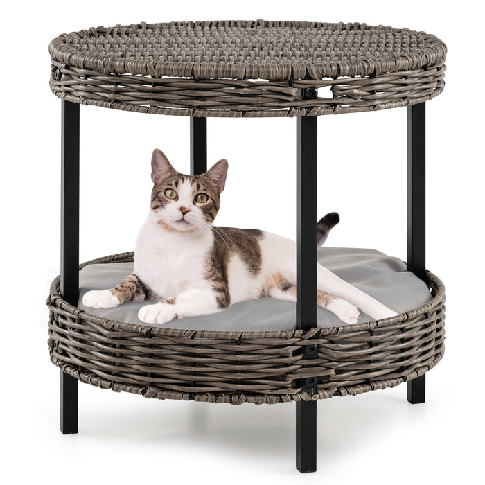2-tier Rattan Cat Nest Wicker Kitten House Indoor and Outdoor Elevated Pet Shelter-