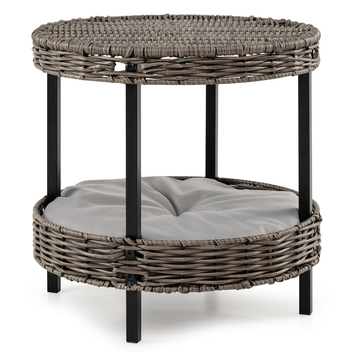 2-tier Rattan Cat Nest Wicker Kitten House Indoor and Outdoor Elevated Pet Shelter-