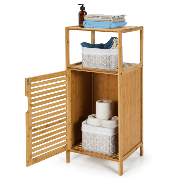 2-Tier Bamboo Bathroom Storage Cabinet with Single Door and Open Shelves-Natural