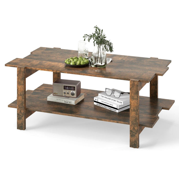2-Tier Coffee Table with Storage Shelf for Living Room-Walnut