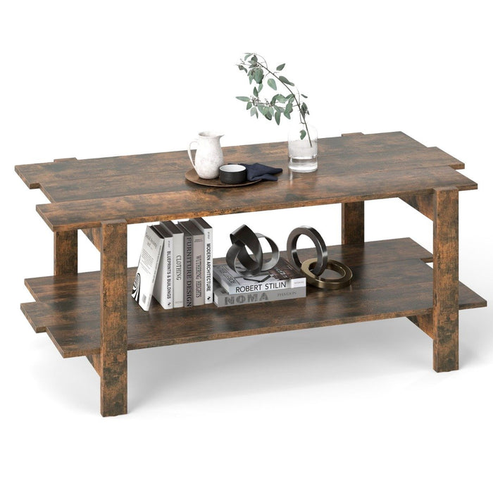 2-Tier Coffee Table with Storage Shelf for Living Room-Walnut