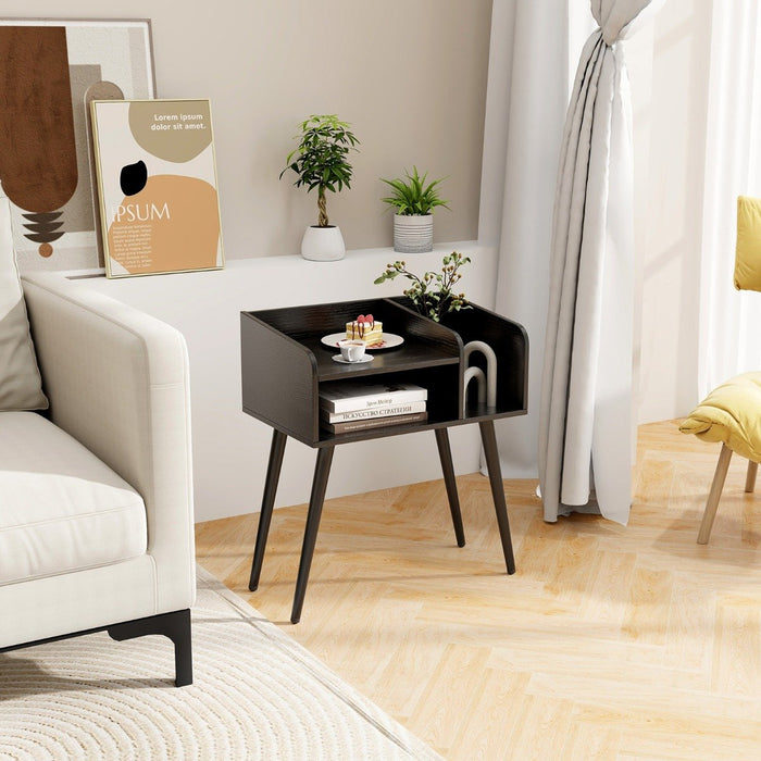 2-Tier Mid Century Modern Nightstand with Open Shelves-White