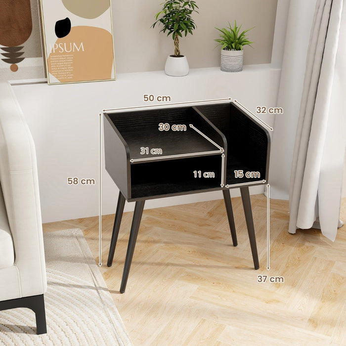 2-Tier Mid Century Modern Nightstand with Open Shelves-White