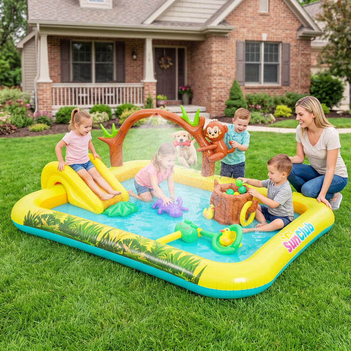207 x 168 x 77 cm Animal Inflatable Play Center with Slide and Arch-shaped Sprinkle for Children