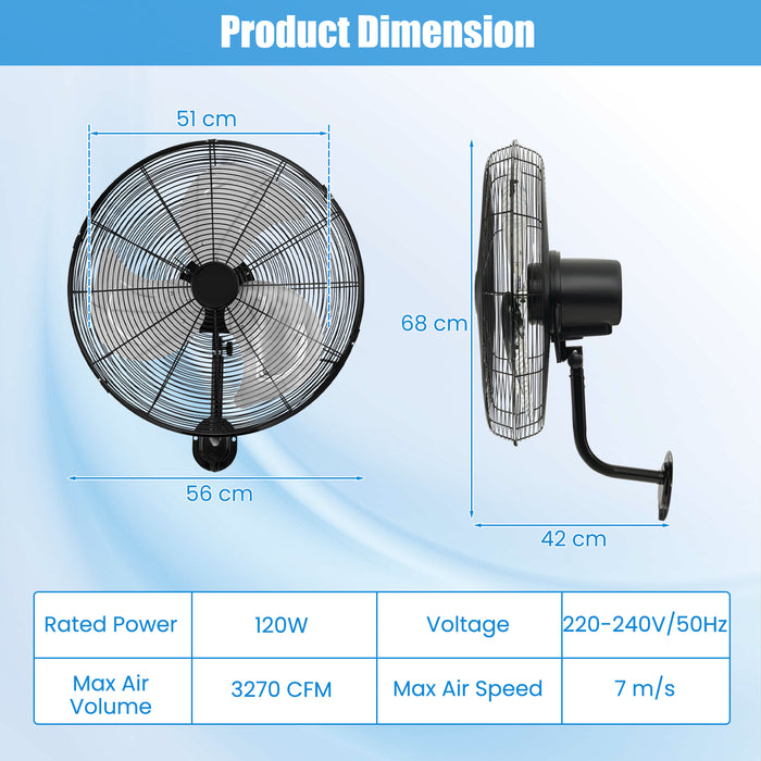 Heavy Duty 20 Inch Metal Wall Mount Fan - 3 Adjustable Speed Levels - Ideal for High Ventilation Requirement Areas