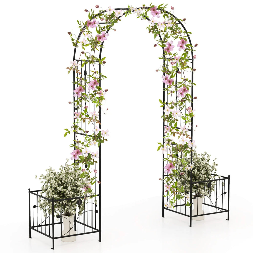 217 cm Arch Trellis Metal Garden Arbor with Planter Boxes-