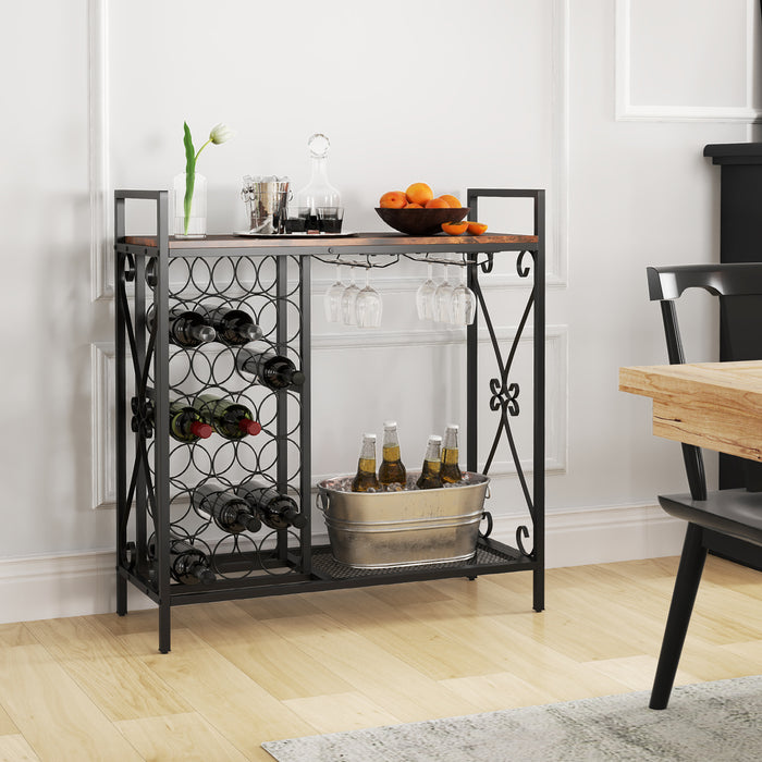 21 Bottle Wine Rack Freestanding with Glass Holder and Wooden Countertop-