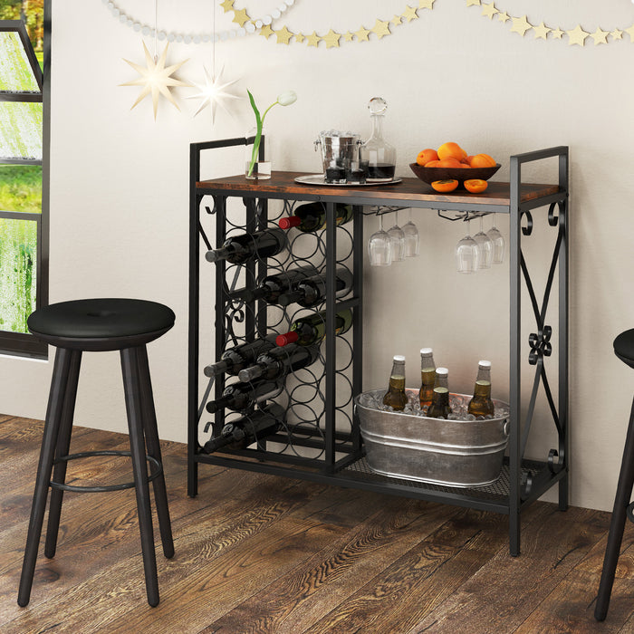 21 Bottle Wine Rack Freestanding with Glass Holder and Wooden Countertop-