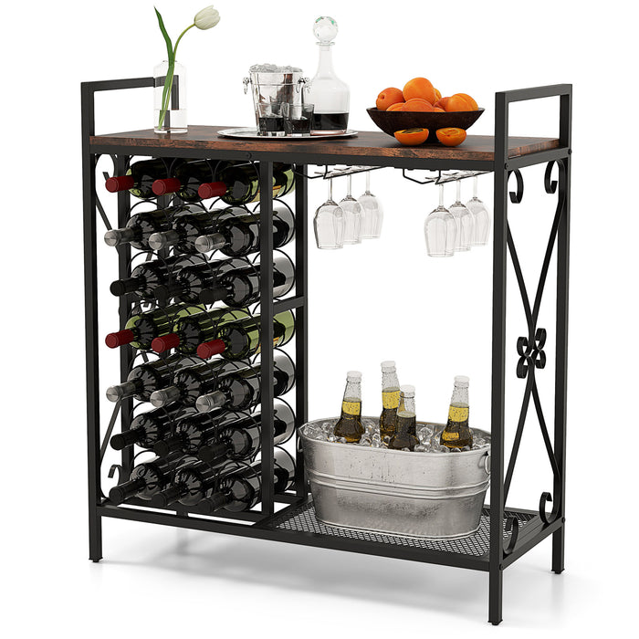21 Bottle Wine Rack Freestanding with Glass Holder and Wooden Countertop-