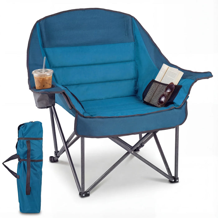 225 KG Heavy-Duty Metal Folding Upholstered Oxford Chair with Side Pockets and Cup Holder-