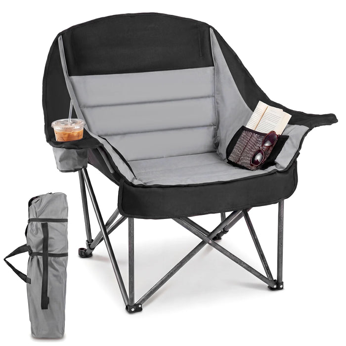 225 KG Heavy-Duty Metal Folding Upholstered Oxford Chair with Side Pockets and Cup Holder-