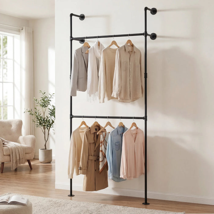 227CM Industrial Pipe Clothing Rack Wall Mounted Heavy-Duty Metal Garment Organizer-