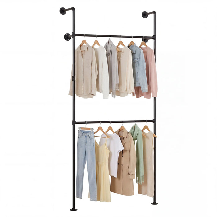 227CM Industrial Pipe Clothing Rack Wall Mounted Heavy-Duty Metal Garment Organizer-