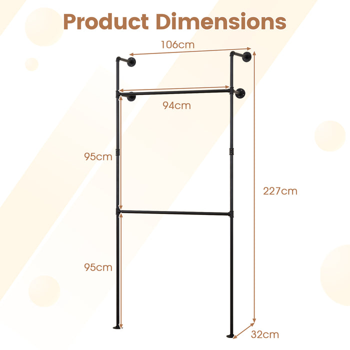 227CM Industrial Pipe Clothing Rack Wall Mounted Heavy-Duty Metal Garment Organizer-